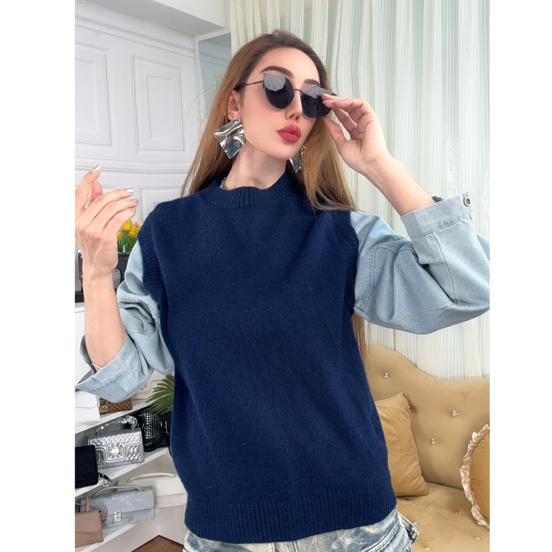 215-针织衫毛针织衫网红百搭毛衣衫厚款秋冬拼接时尚短款套头