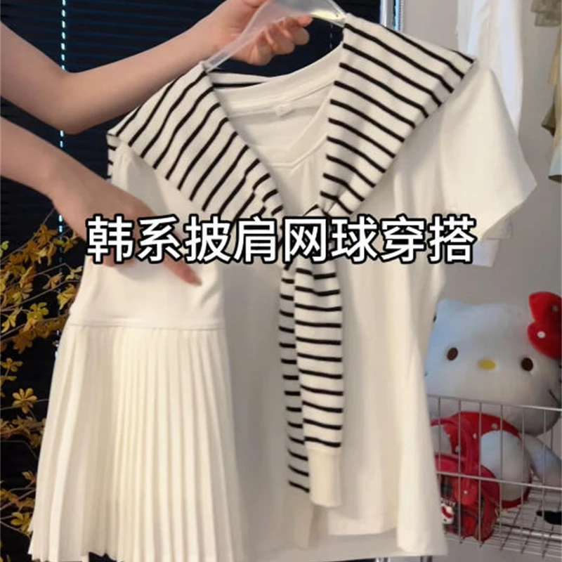 2025早春新款韩系披肩网球穿搭条纹别致搭配简约短袖上衣两件套