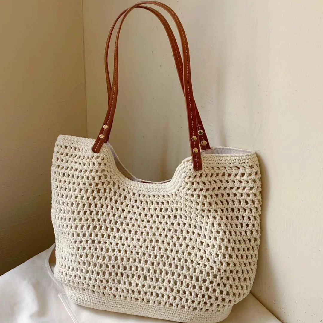 文艺森系手工编织大容量包包外出旅游轻便镂空草编包网纹托特包