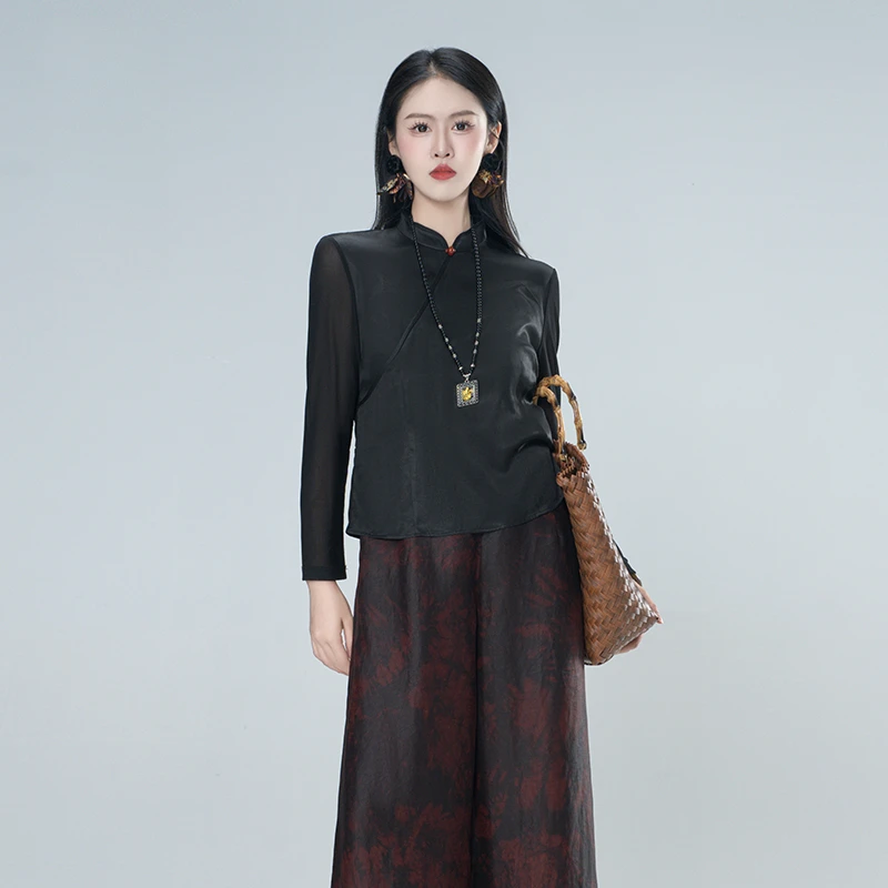 香云纱（轩榭）国风拼接新中式气质百搭短款套头上衣60149