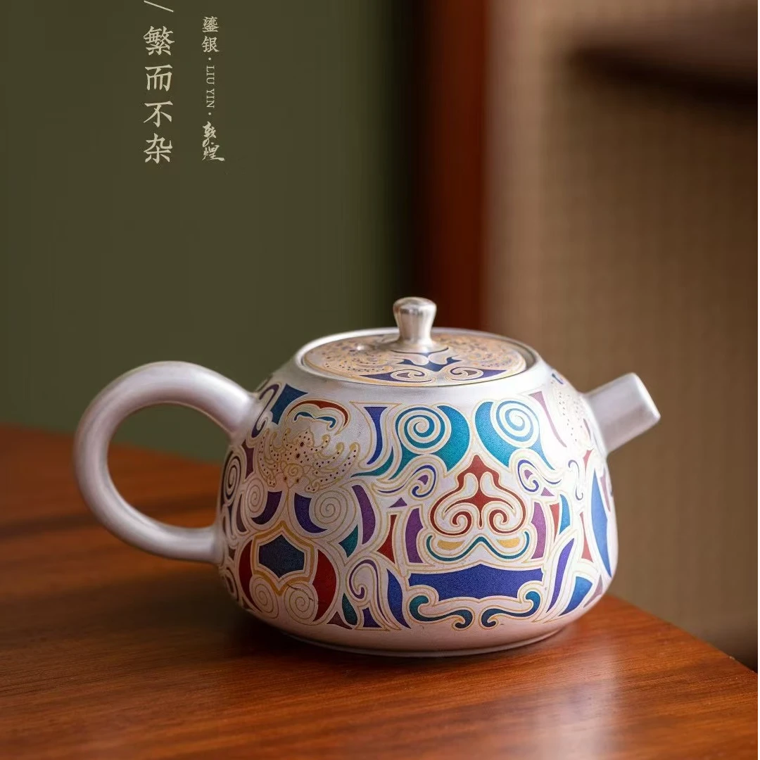 玲珑  瓷胎包银珐琅彩鎏银德钟壶一壶两杯小套装功夫茶具-4785号