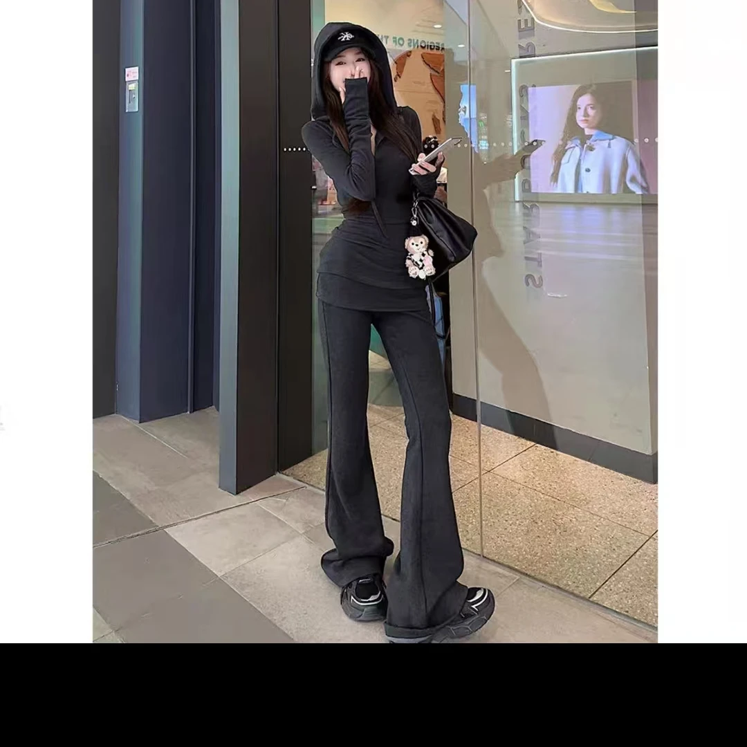 胖MM美式休闲风时尚套装卫衣西裤抽绳度假风cleanfit风