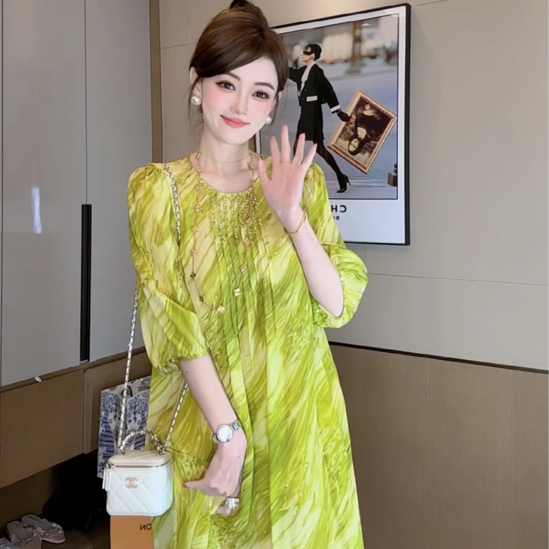 【丝芙玉禄】(S115)100%真丝双绉印花打条串珠宽松桑蚕丝女装连衣裙