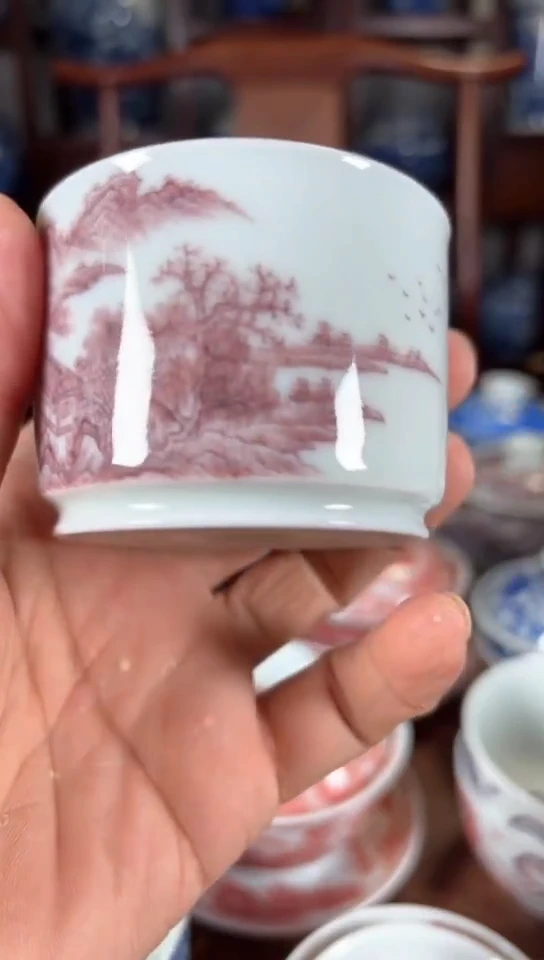 柴窑釉里红山水纹融天杯杯