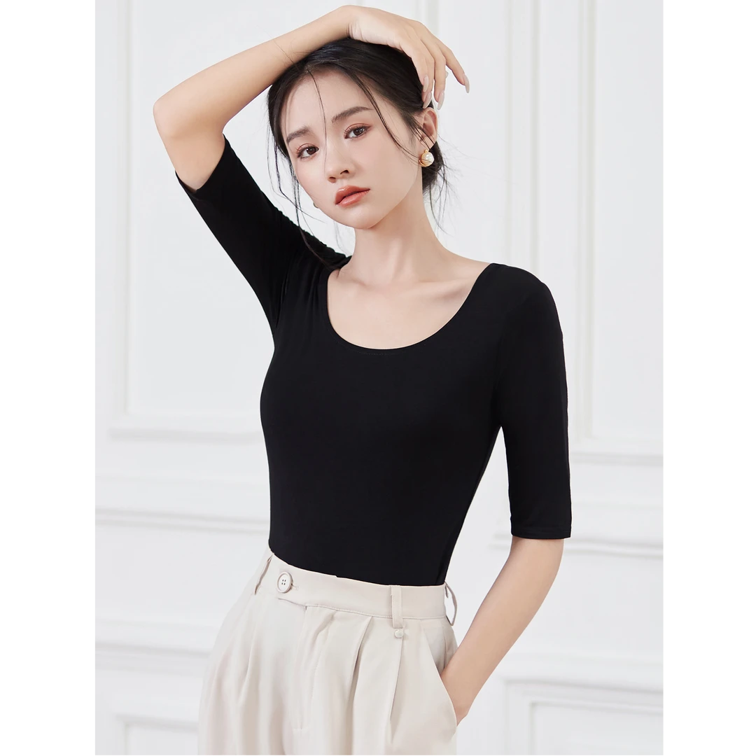 纯棉中袖打底衫女圆领修身内搭2025新款五分袖春夏秋洋气上衣黑色