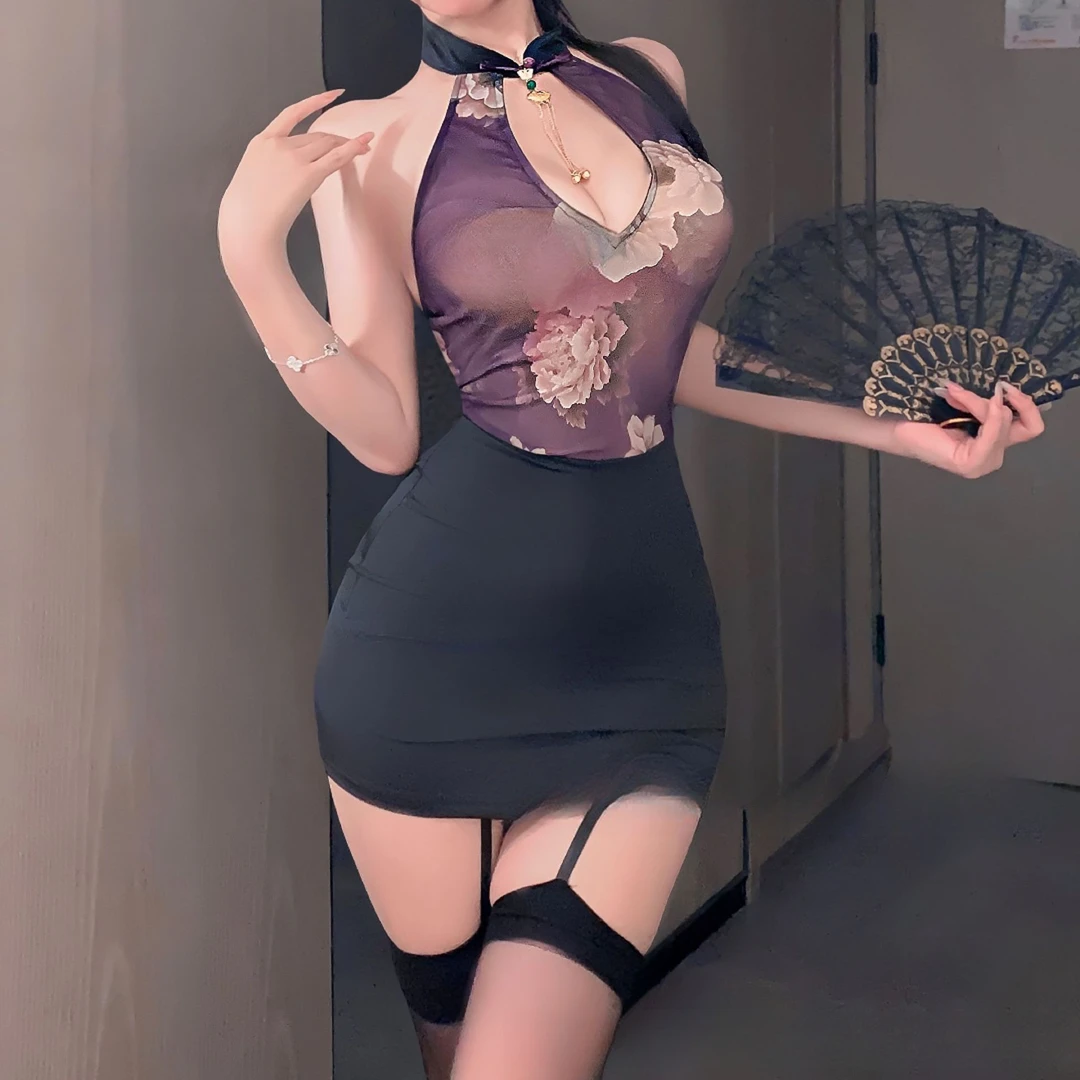 qqny性感睡衣战袍国风旗袍秘书深V激情火辣纯欲胖MM2成熟贵妇睡衣