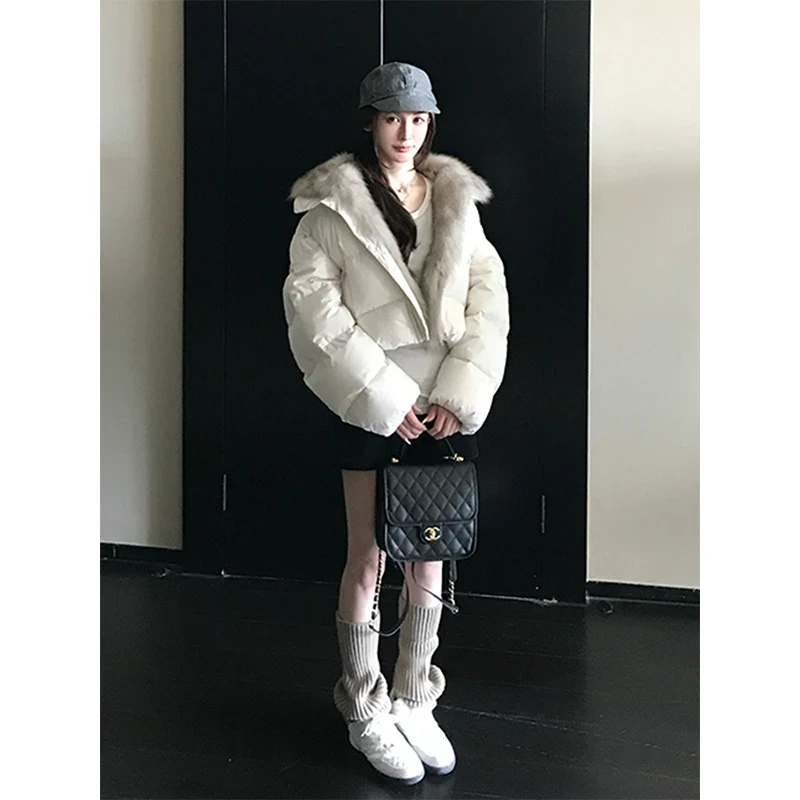 韩系气质穿搭仿狐狸毛领短款棉服女冬季新款加厚保暖面包服外套