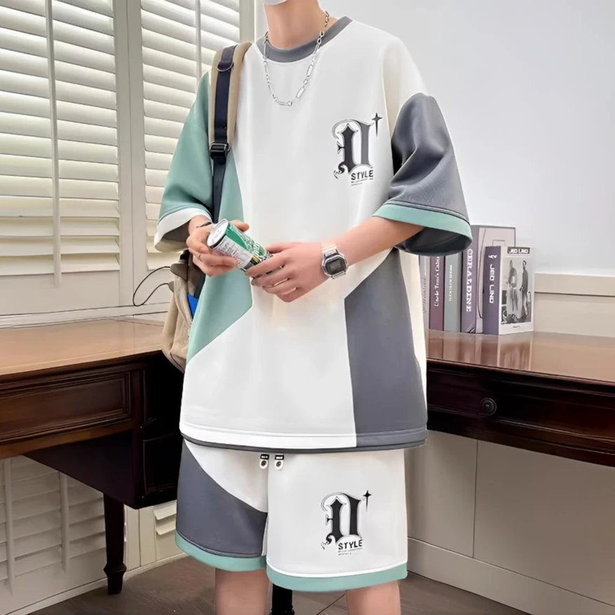 2025套装新款夏季华夫格帅气衣服短袖t恤短裤运动休闲潮牌男装