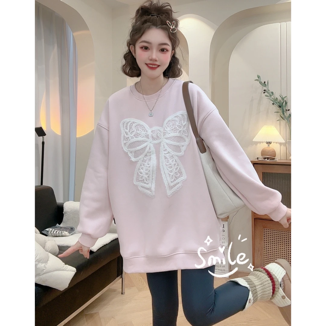 【新年穿新衣】安可拉红新年卫衣蝴蝶结休闲加厚加绒圆大码遮肉显瘦