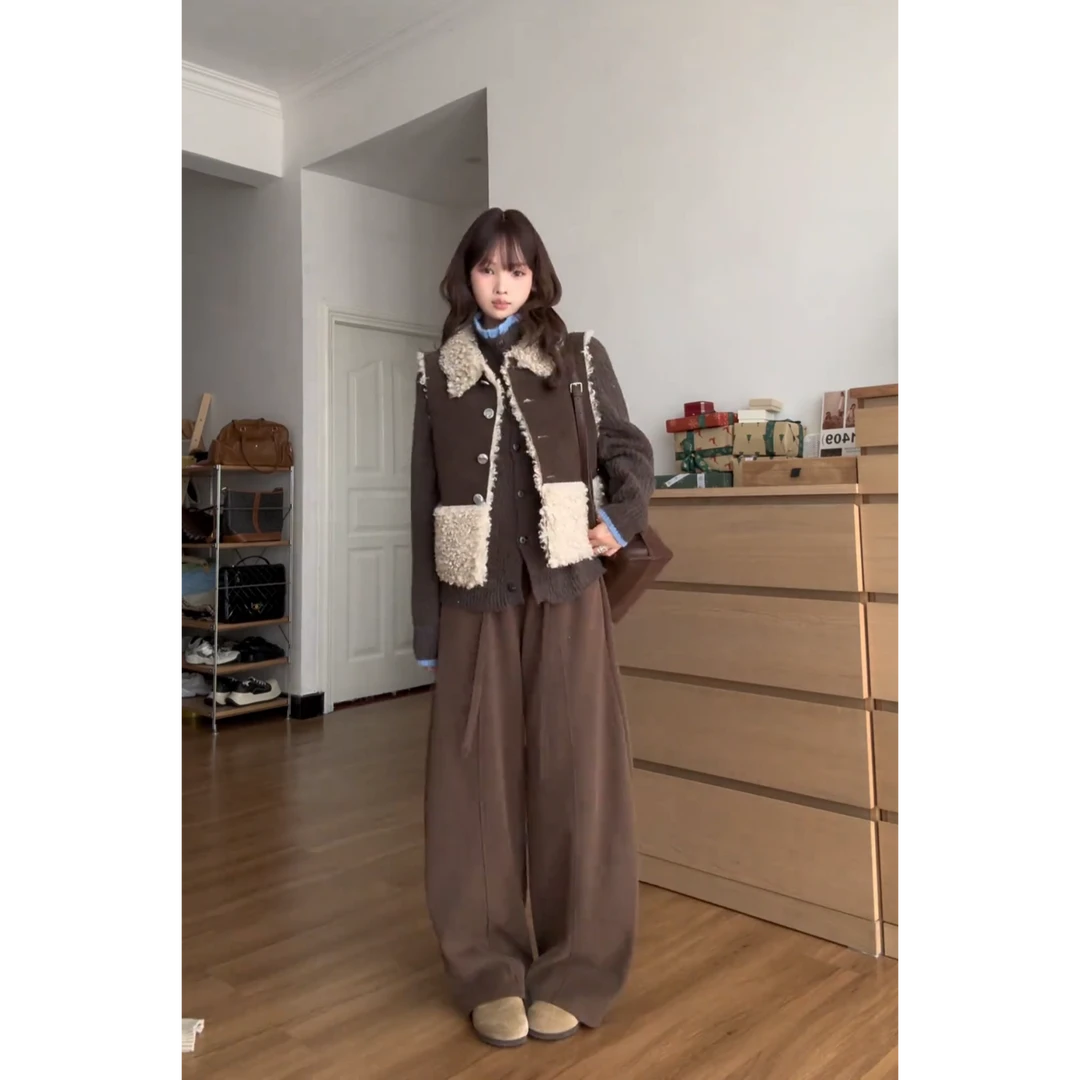 MARIE.COCO美拉德复古翻领马甲背心叠穿打底衫上衣休闲裤三件套装