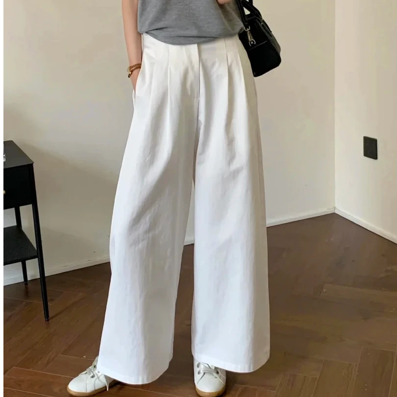 【纯棉】25春夏白色韩版时尚气质高腰宽松百搭显瘦阔腿休闲长裤
