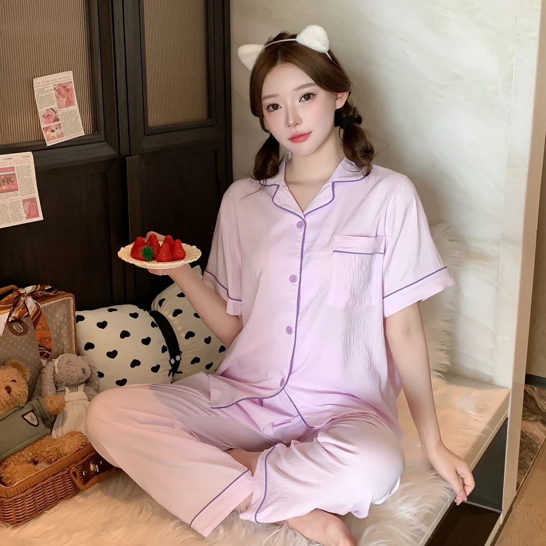 三件套大码小翻领睡衣开扣夏季薄款舒适女士宽松韩版家居服胖肥妹