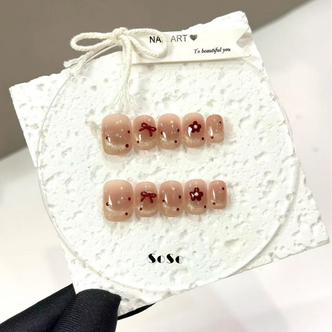Nice SoSo【波点小花】纯手工穿戴甲纯欲手绘猫眼腮红波点蝴蝶结ins