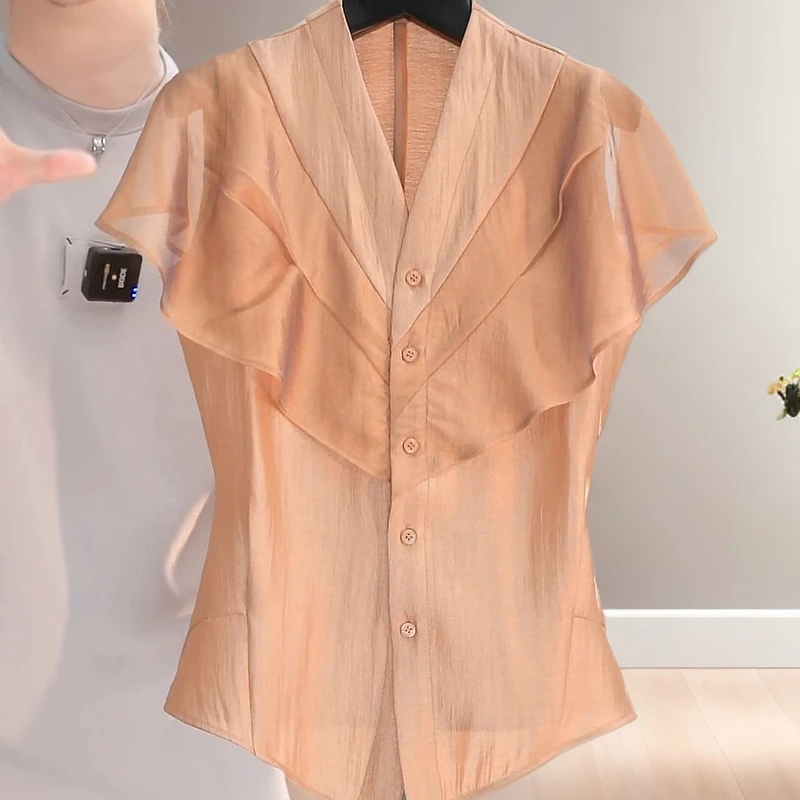 夏季新款时尚新款拼接V领收腰荷叶边气质温柔感休闲衬衣衬衫上衣