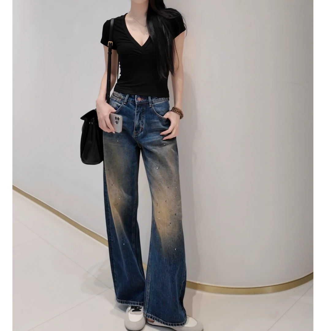 JLIA -8813蝴蝶蓝脏脏裤 2025秋款时尚弯刀牛仔裤