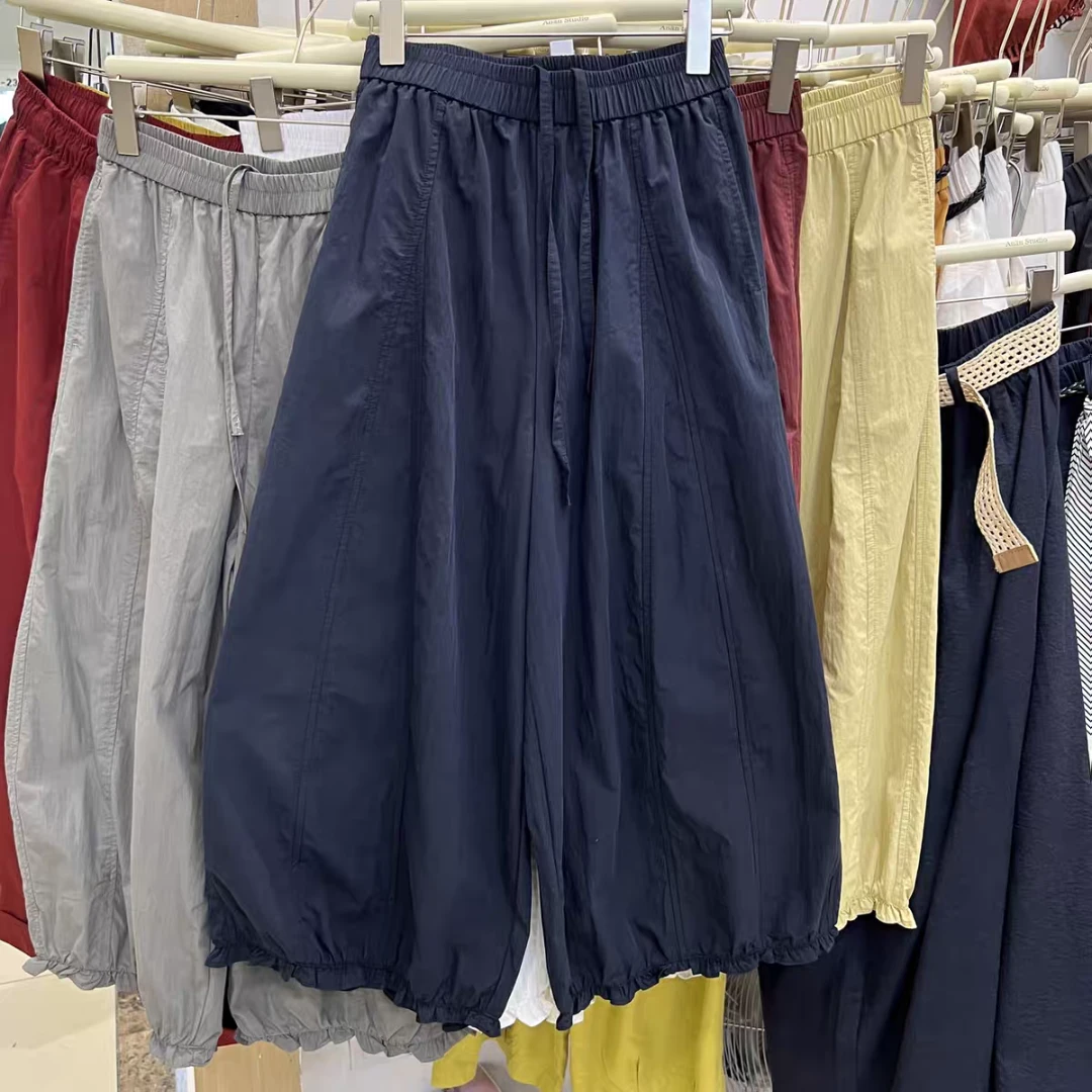 韩版舒适木耳花边松紧腰休闲裤女2025夏季新款简约百搭宽松灯笼裤