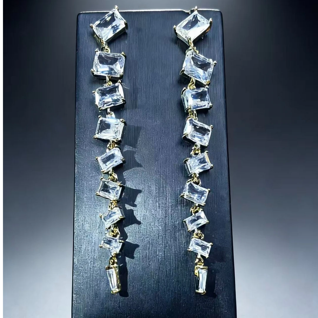 铜合金锆石耳饰 锆石方块流苏耳苏大气版四季通勤款0276