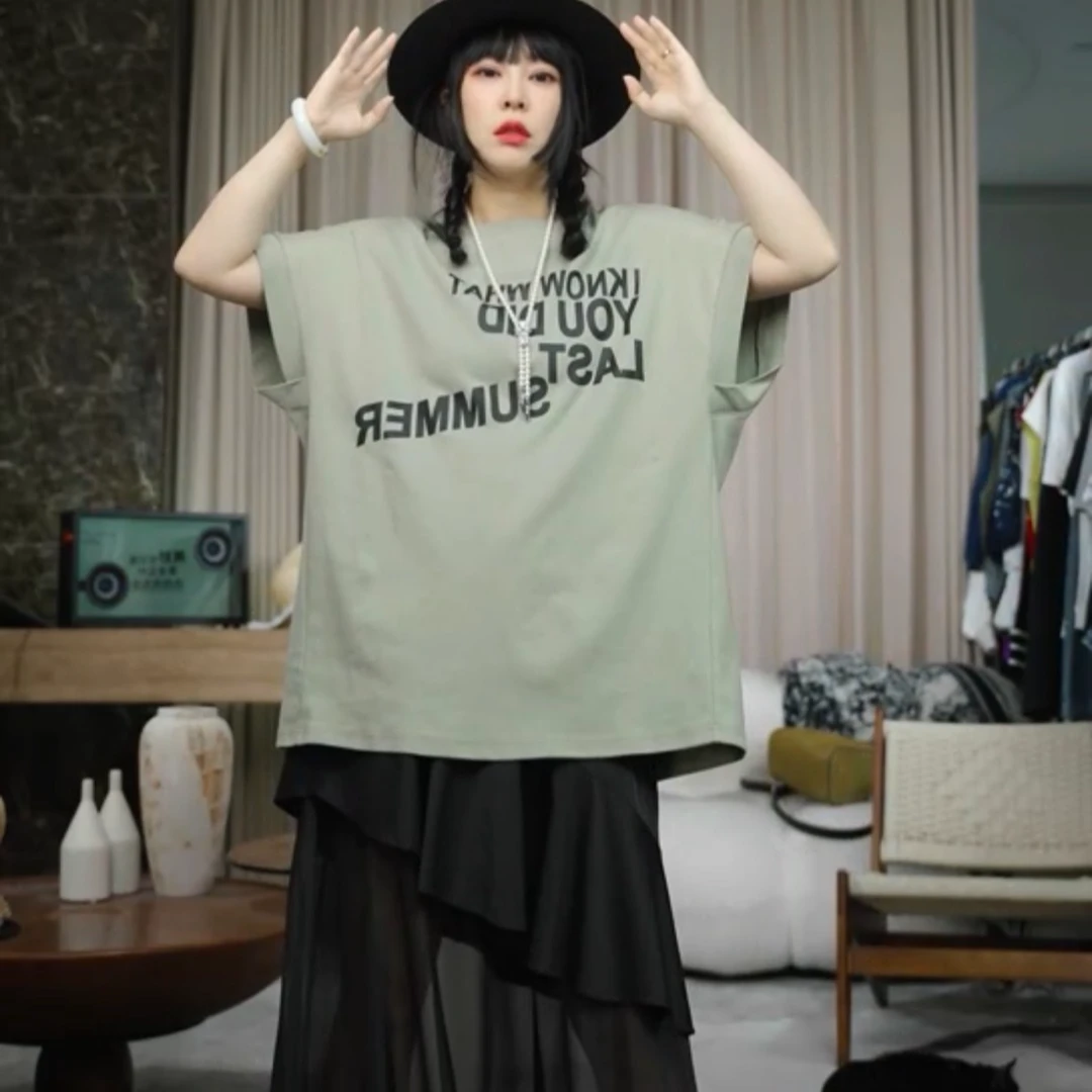 infobyfive2025夏季新款飞飞袖宽松字母印花圆领T恤NF0505100