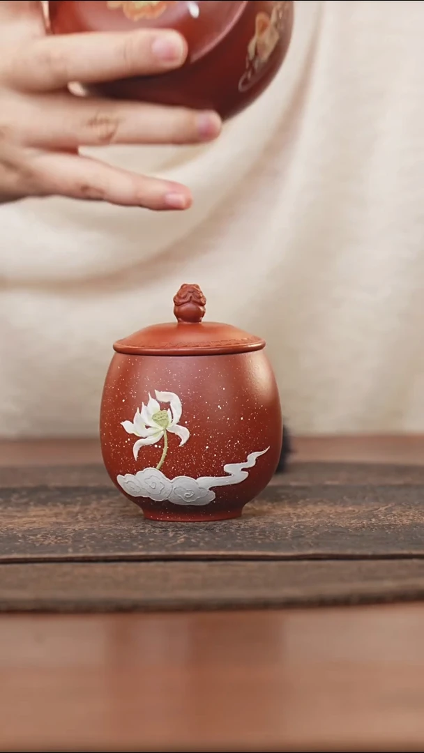 紫砂茶叶罐小罐金蟾钮朱泥泥绘荷花祥云