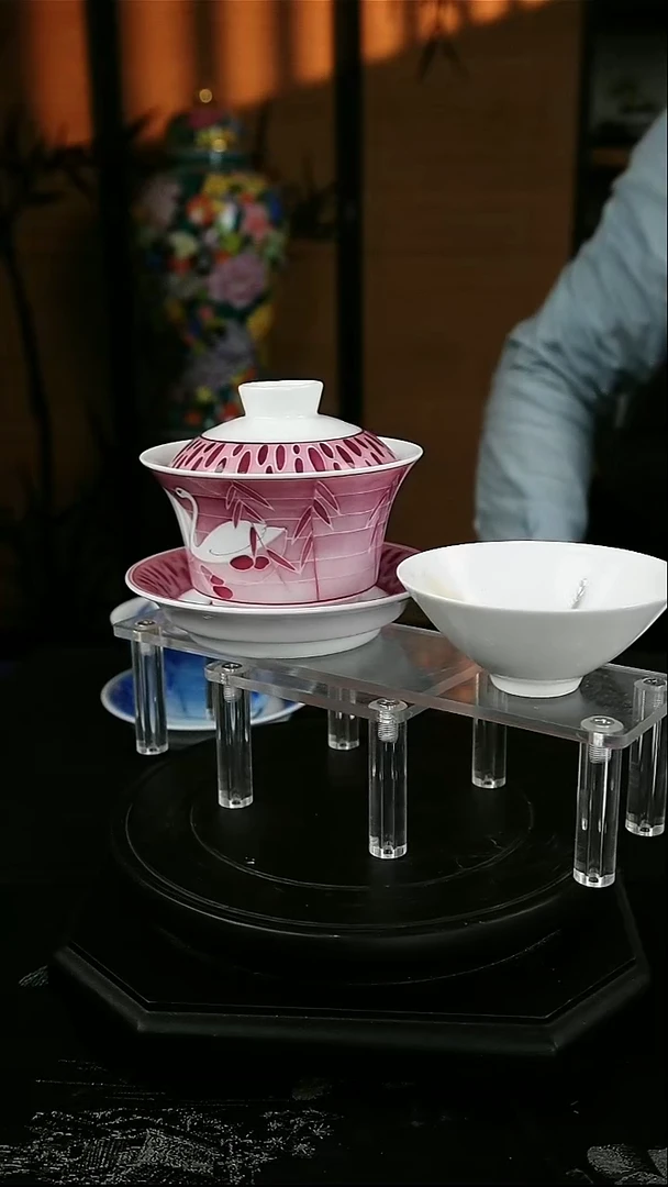 渔*微瑕手绘款鹅潭月夜马蹄盖碗+斗笠杯恬静释然10个