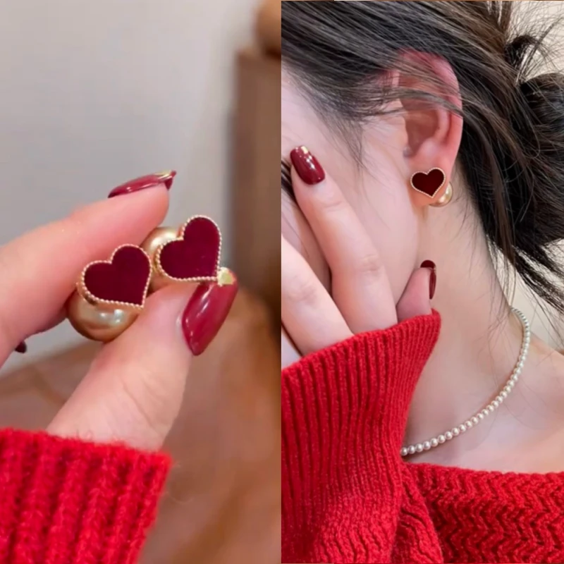 铜合金耳饰 显白酒红色植绒爱心香槟色珍珠耳钉一款两戴式耳环女