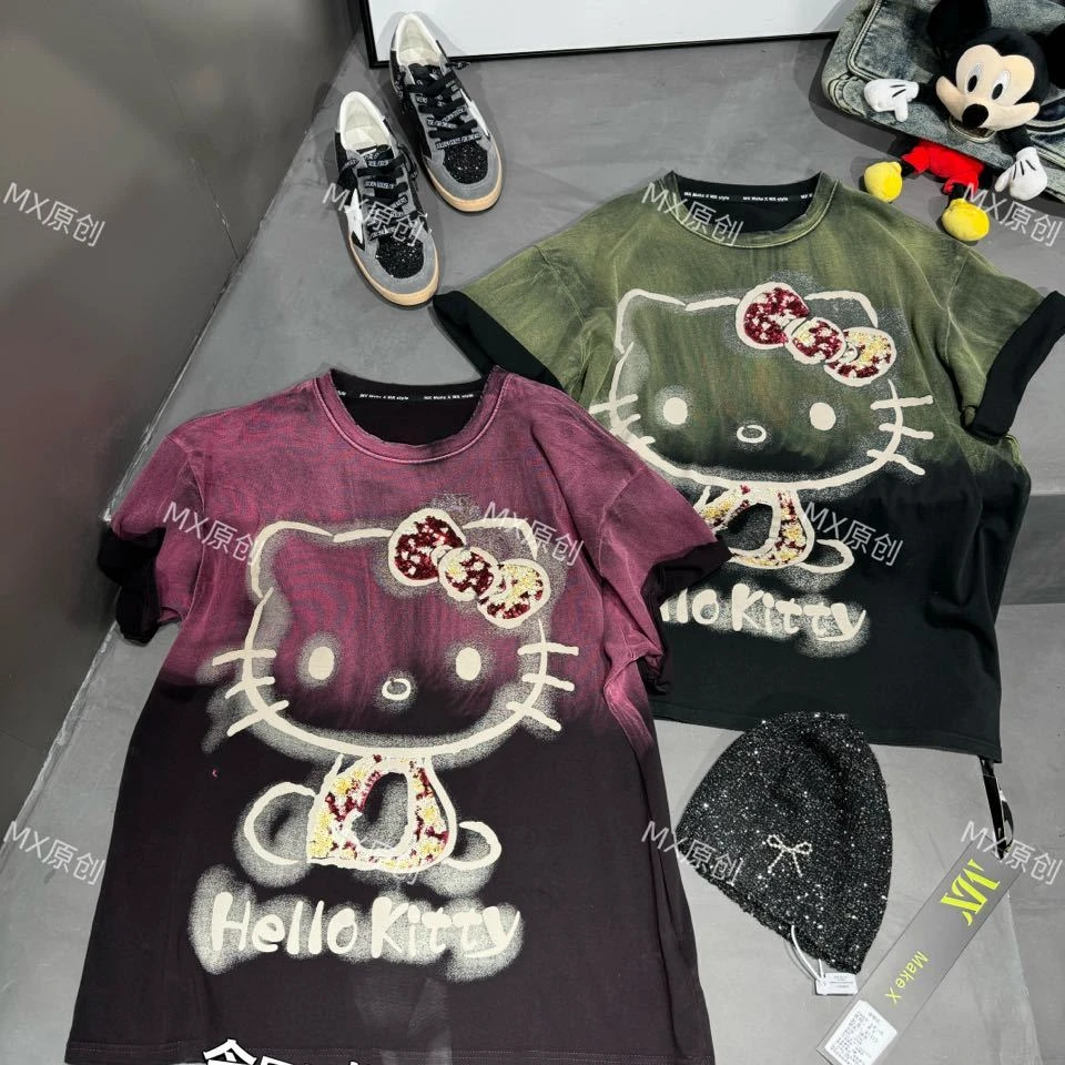 MX欧货2025春季新款大版宽松大版重工渐变怀旧短袖t恤上衣女81373