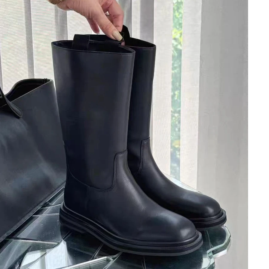 诗歌兰女靴2025新款真皮轻奢短靴时尚平底一脚蹬马丁靴女8801