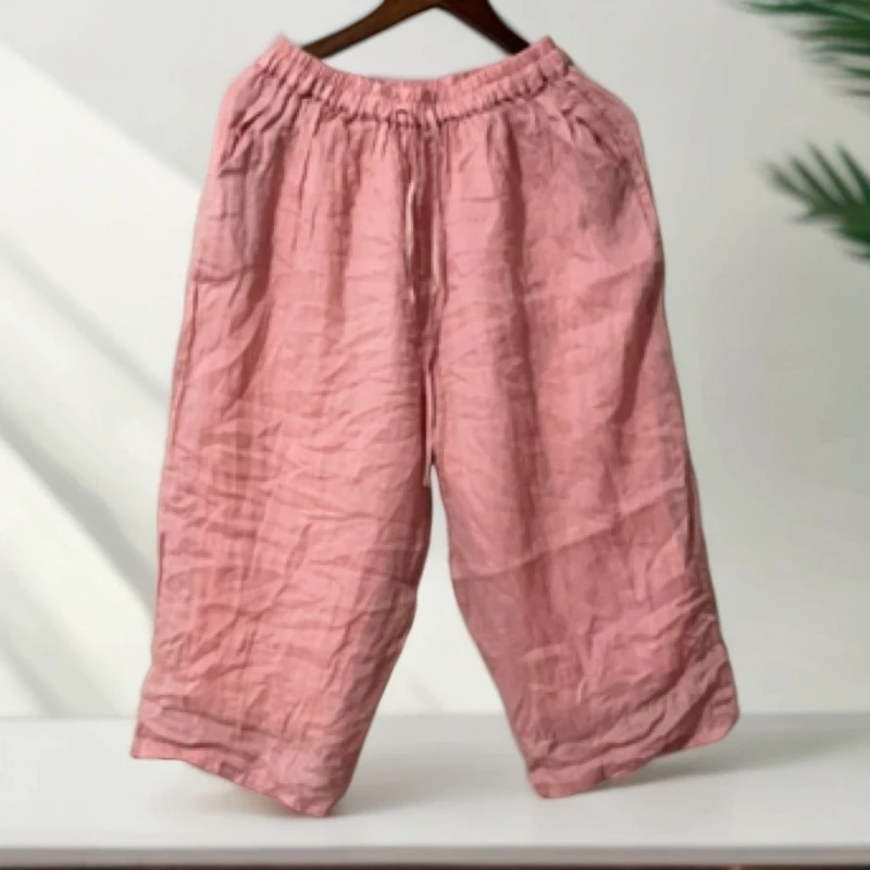 6862苎麻百搭宽松休闲八分裤臀围130