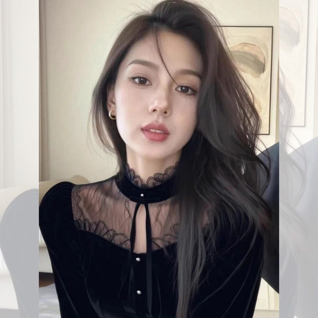 黑色蕾丝拼接丝绒上衣女装2025冬季轻熟洋气名媛独特漂亮叠穿衬衣