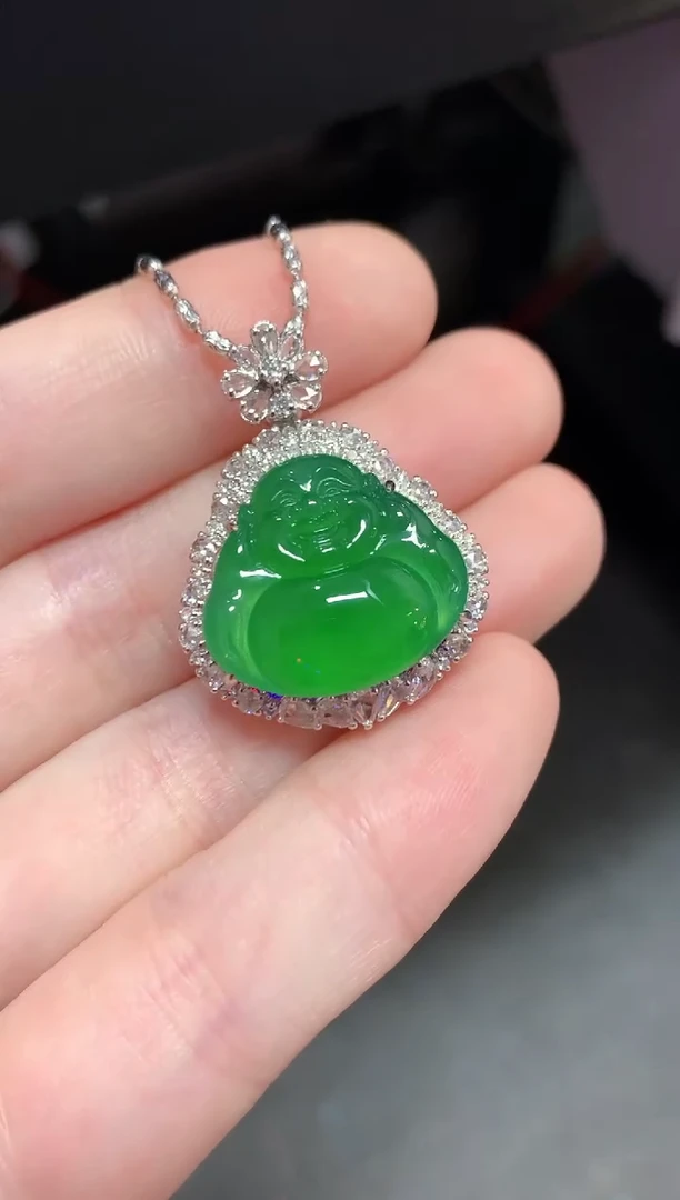 翡翠18K金镶嵌吊坠(赠链)高冰满绿弥勒佛吊坠