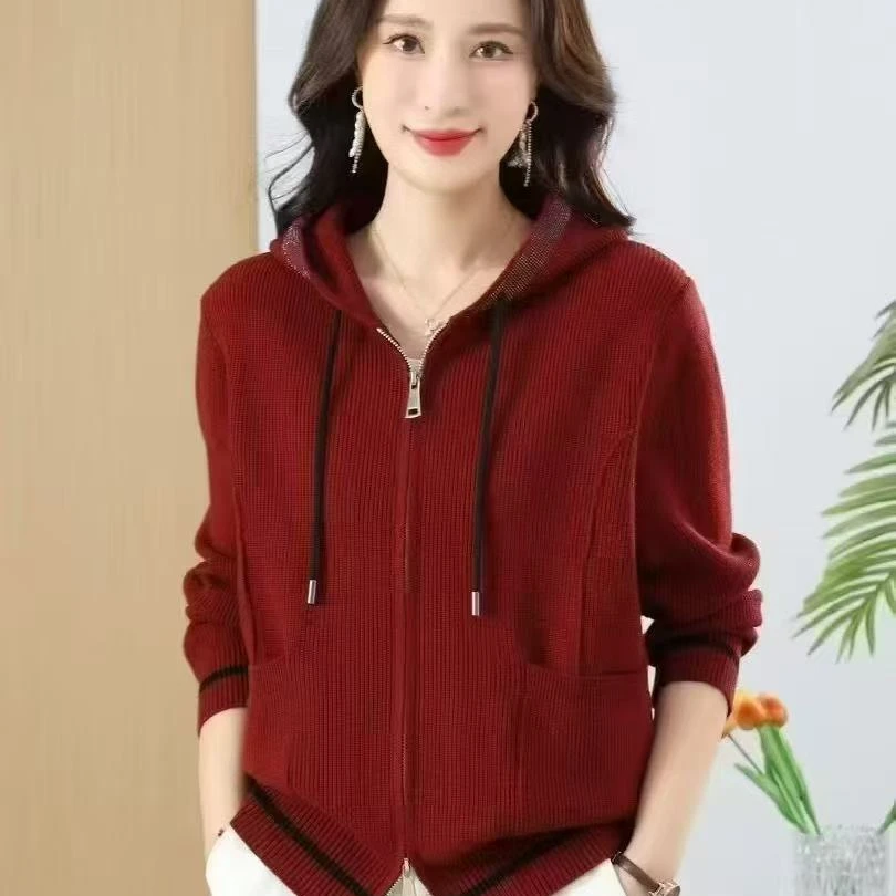 早春妈妈装针织拉链连帽外套618