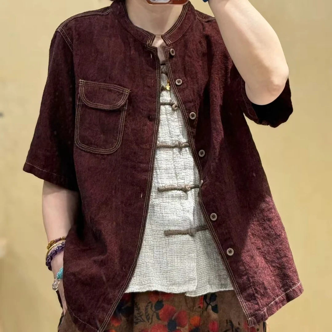 2025夏季新款色织亚麻立领两穿小上衣250505时尚休闲水洗做旧