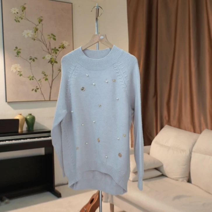 G226 秋冬钉珠立体装饰中长款针织毛衫女 YA35
