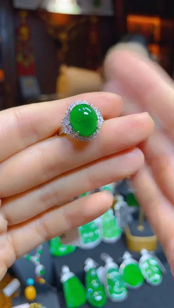 【闪购商品】翡翠戒指银S925镶嵌117456天然A货翡翠戒指