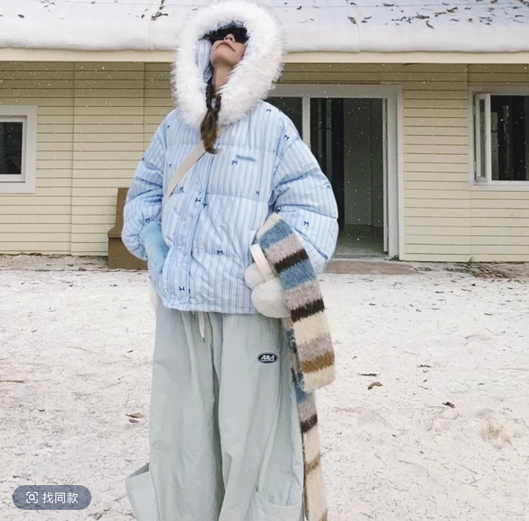 2024美式 GT毛领甜美蝴蝶结连帽棉服小个子短款宽松学生加厚