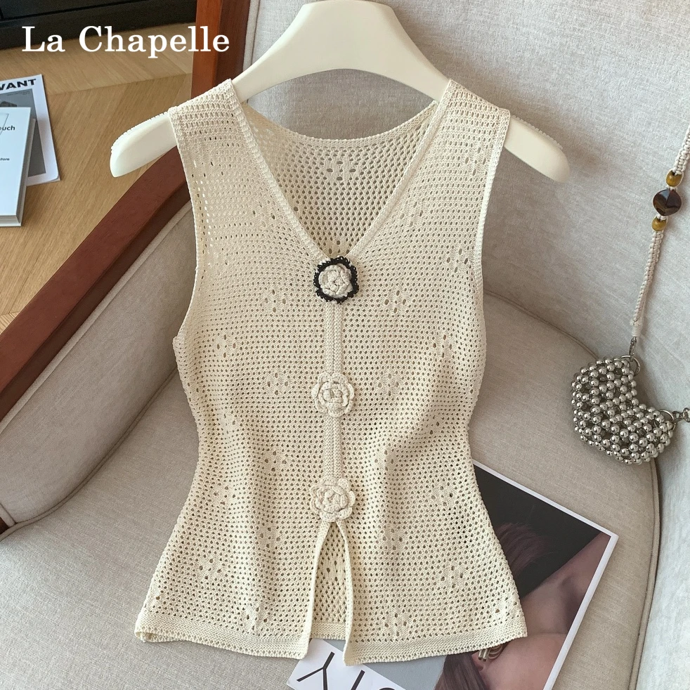 拉夏贝尔高级感洋气镂空立体花无袖针织背心女夏季外穿内搭显瘦衣
