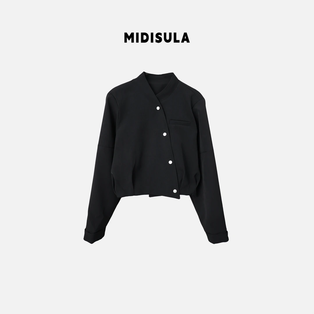 阿玉家&洋气轻奢收袖口斜扣单排扣短款下摆褶皱外套不规则#0493