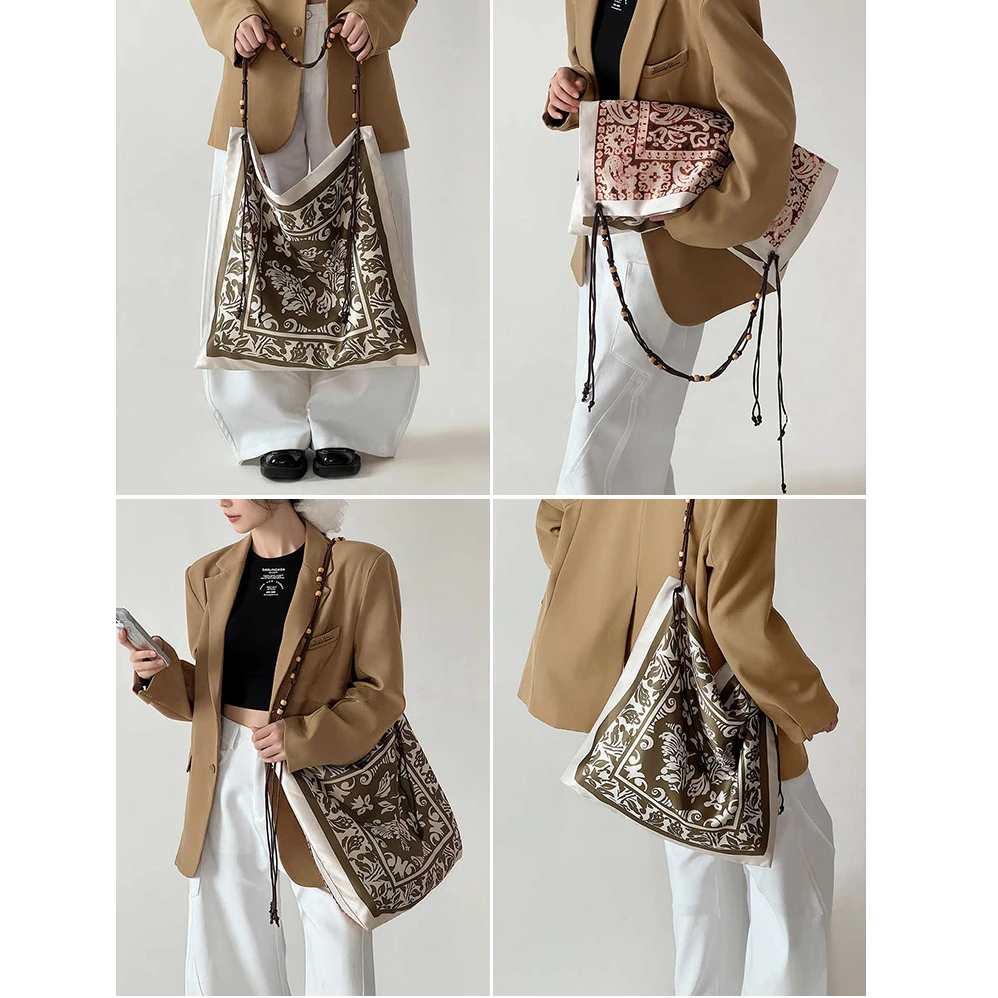 南法式度假印花丝巾包包波西米亚设计款单间斜跨包大容量托特包潮