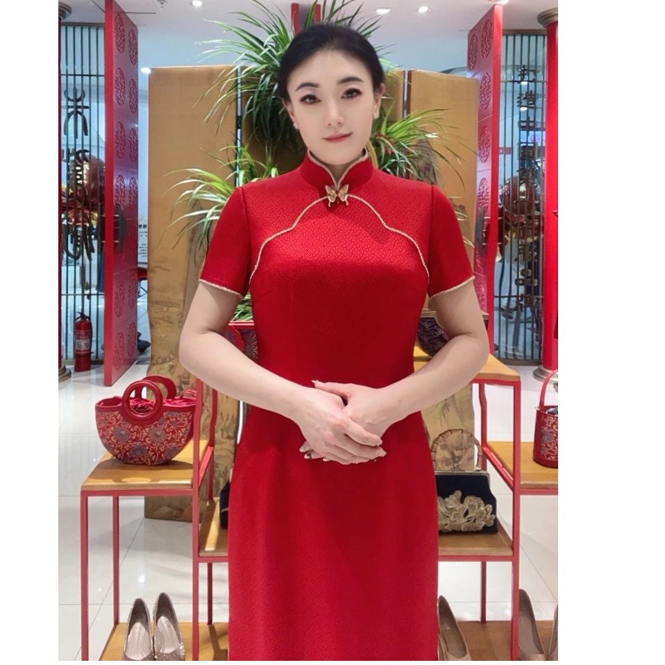 朱紫褕170152旗袍/春季婚礼新款/红色/深紫色/三醋酸面料/开叉