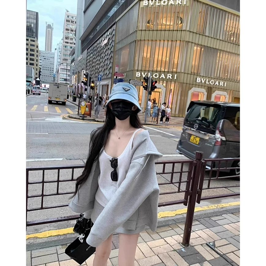 灰色卫衣外套女春秋季2025新款连帽运动早初秋天韩系拉链开衫