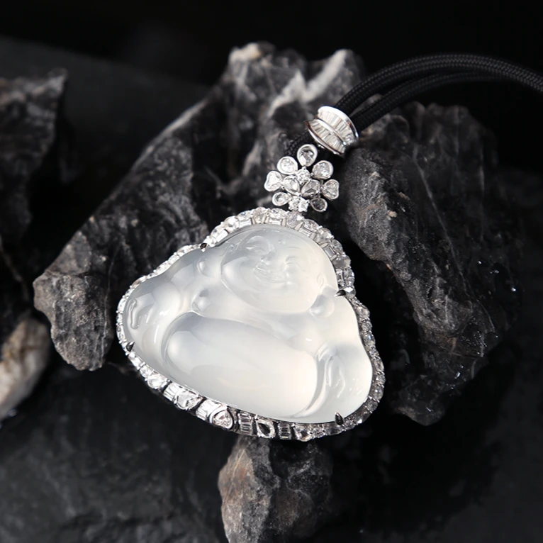 翠贤堂02天然A货翡翠高冰种佛公吊坠玉佩坠链镶嵌雕刻