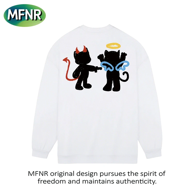 潮牌新款恶魔天使印花长袖T恤男女秋季宽松休闲圆领情侣打底上衣