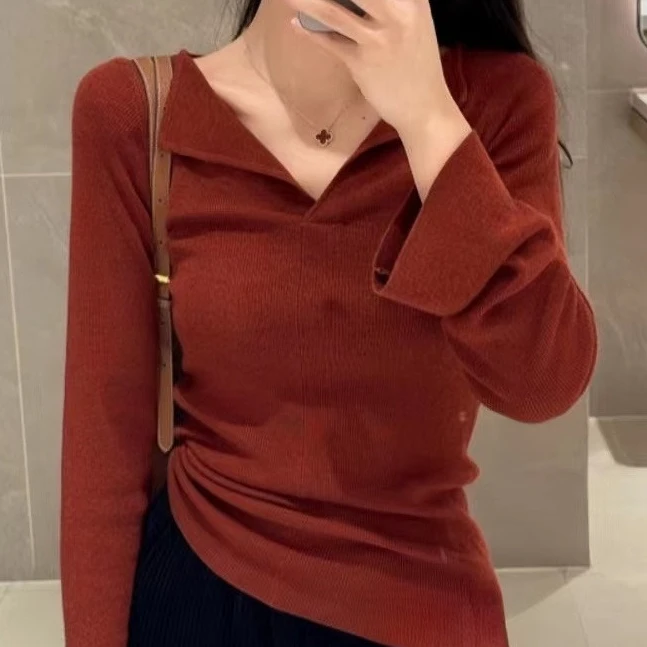 职业阿玛诗官2025秋冬季新款v领长袖针织打底衫修身内搭毛衣上衣