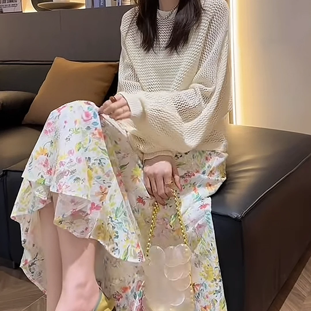设计款和纸纱针织衫短袖+彩色镂空烧花设计款半身裙女夏季两件套