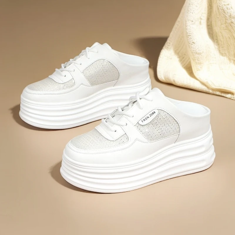 跟高8cm夏季网面透气新款小白鞋小个子内增高外穿包头厚底半拖鞋