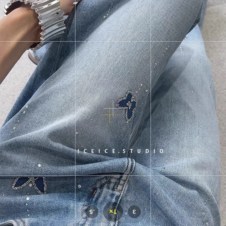 【8568】欧货烫钻蓝蝴蝶高腰直筒微喇裤显高显瘦高腰阔腿牛仔裤