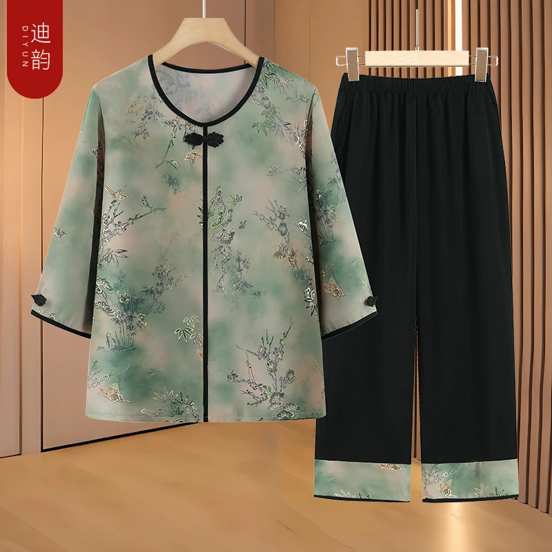 奶奶透气套装中老年人妈妈时尚2025新款老太太薄款雪纺T恤两件套