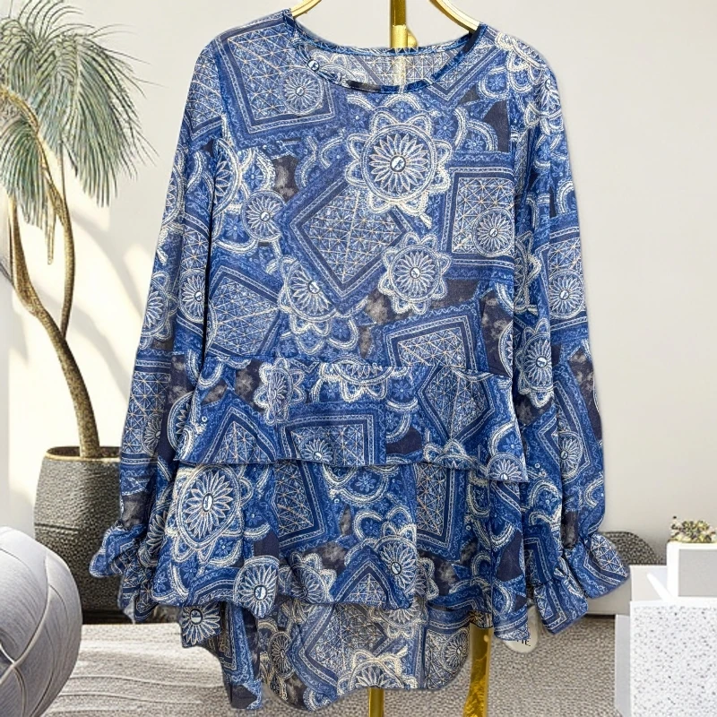 710青花瓷荷花袖短款大码衬衫时尚女上衣