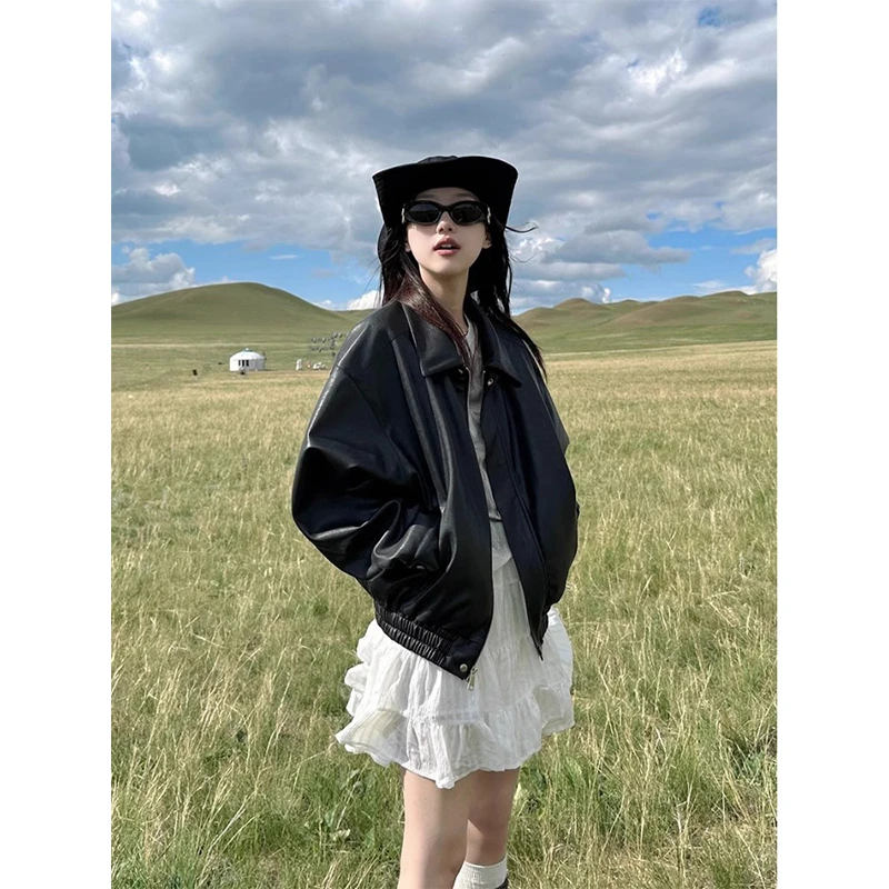 黑色复古皮衣外套女2025春秋新款高级设计感今年流行机车夹克上衣