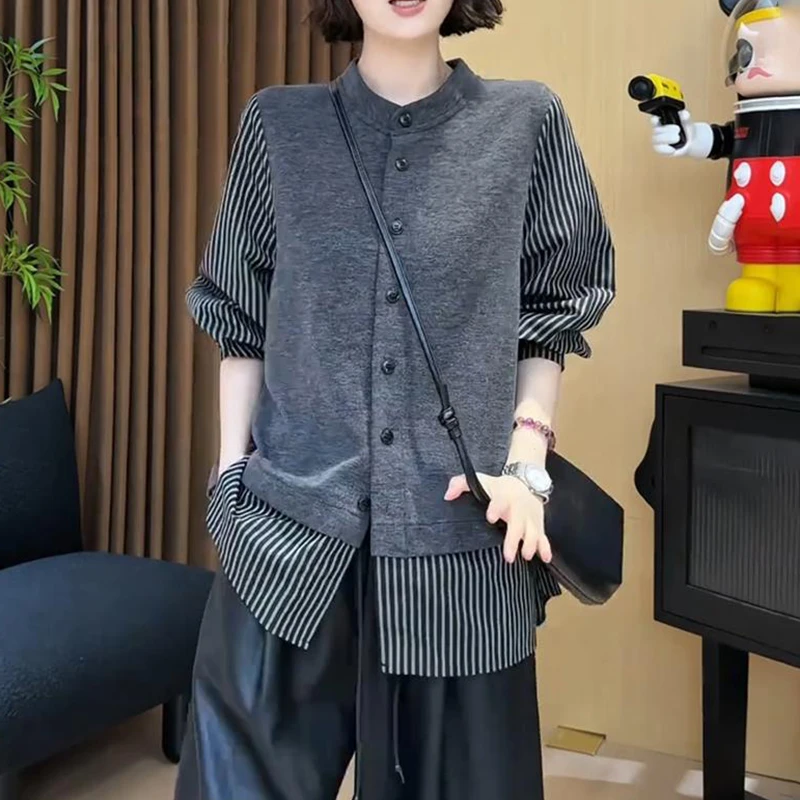 韩系条纹拼接设计感长袖衬衫女秋2025新款休闲衬衣减龄百搭上衣